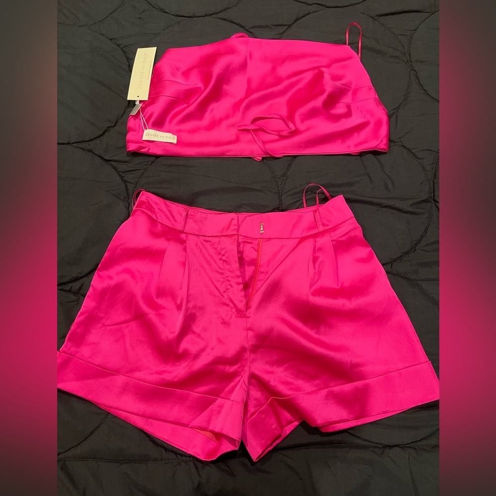 Hot pink stretchy satin shorts and top size L Donnee par Dieu. Brand new